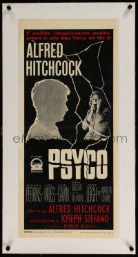 5p056 PSYCHO linen Italian locandina '60 different art of Miles terrified of Perkins' silhouette!