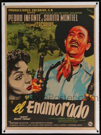 5p040 EL ENAMORADO linen Mexican poster '52 Josep Renau art of laughing man with 2 guns & sexy girl!