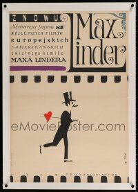 5p086 LAUGH WITH MAX LINDER linen Polish 23x33 '65 cool Jerzy Flisak art of man on film strip!