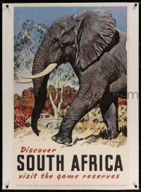 5p178 DISCOVER SOUTH AFRICA linen 25x40 Dutch travel poster '50s Burrage art of elephant by car!