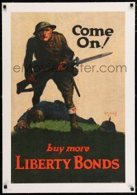 5p185 COME ON BUY MORE LIBERTY BONDS linen 20x30 WWI war poster '18 Whitehead art of U.S. soldier!