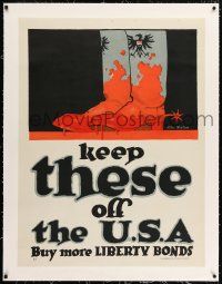 5p188 KEEP THESE OFF THE U.S.A. linen 30x40 WWI war poster '17 art of bloody German boots by Norton