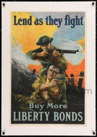 5p189 LEND AS THEY FIGHT linen 20x30 WWI war poster '18 buy more liberty bonds, art by Riesenberg!