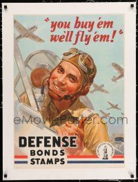 5p203 YOU BUY 'EM WE'LL FLY 'EM linen 20x28 WWII war poster '42 art of pilot & planes by Wilkinsons!