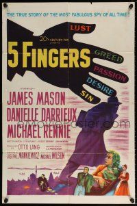 5r027 5 FINGERS 1sh '52 James Mason, Danielle Darrieux, true story of the most fabulous spy!