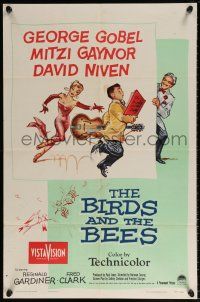 5r104 BIRDS & THE BEES 1sh '56 wacky art of George Gobel, Mitzi Gaynor, & David Niven!