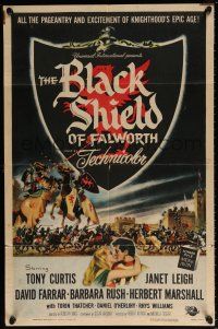 5r108 BLACK SHIELD OF FALWORTH 1sh '54 art of knight Tony Curtis & real life wife Janet Leigh