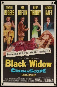 5r110 BLACK WIDOW 1sh '54 Ginger Rogers, Gene Tierney, Van Heflin, George Raft, sexy art!