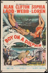 5r130 BOY ON A DOLPHIN 1sh '57 art of Alan Ladd & sexiest Sophia Loren swimming underwater!