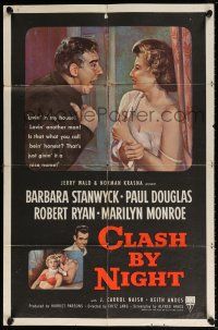 5r199 CLASH BY NIGHT 1sh '52 Fritz Lang, Barbara Stanwyck, Ryan, Marilyn Monroe shown!