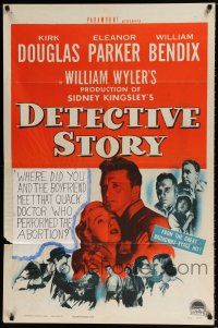 5r241 DETECTIVE STORY 1sh '51 William Wyler, Kirk Douglas can't forgive Eleanor Parker!
