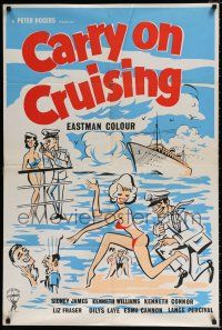5r007 CARRY ON CRUISING English 1sh '62 great sexy artwork of girls in bikinis, cruise ship!