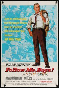 5r328 FOLLOW ME BOYS 1sh '66 Fred MacMurray leads Boy Scouts, young Kurt Russell, Walt Disney!