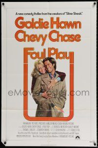 5r337 FOUL PLAY 1sh '78 wacky Lettick art of Goldie Hawn & Chevy Chase, screwball comedy!