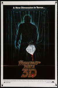 5r346 FRIDAY THE 13th PART 3 - 3D 1sh '82 slasher sequel, art of Jason stabbing through shower!