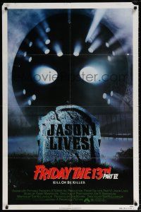 5r347 FRIDAY THE 13th PART VI 1sh '86 Jason Lives, cool image of hockey mask & tombstone!