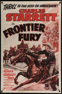 5r354 FRONTIER FURY 1sh '43 art of Charles Starrett, thrill to this hero on horseback!