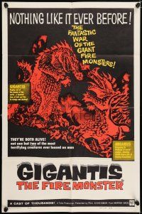 5r377 GIGANTIS THE FIRE MONSTER 1sh '59 cool art of Godzilla breathing flames at Angurus!