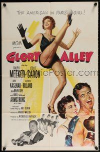 5r391 GLORY ALLEY 1sh '52 boxer Ralph Meeker, sexy Leslie Caron, Louis Armstrong playing trumpet!