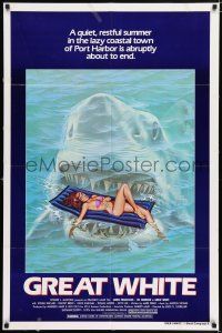 5r421 GREAT WHITE style A 1sh '82 great artwork of huge shark attacking girl in bikini on raft!