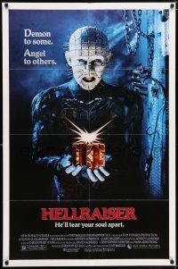 5r465 HELLRAISER 1sh '87 Clive Barker horror, great image of Pinhead, he'll tear your soul apart!