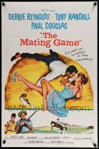 5r672 MATING GAME 1sh '59 Debbie Reynolds & Tony Randall are fooling around in the hay!