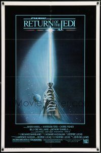 5r818 RETURN OF THE JEDI 1sh '83 George Lucas classic, art of hands holding lightsaber!