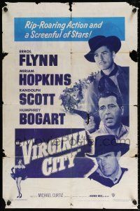 5r961 VIRGINIA CITY 1sh R51 art of Errol Flynn, Humphrey Bogart & Randolph Scott, + sexy Hopkins!