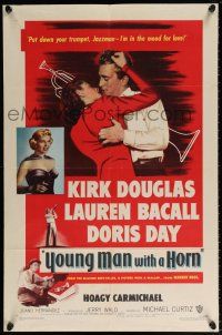 5r994 YOUNG MAN WITH A HORN 1sh '50 jazz man Kirk Douglas kisses sexy Lauren Bacall + Doris Day!