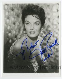 5t604 JANE RUSSELL signed 8x10.25 REPRO still '80s super sexy c/u in low-cut dress with short hair!