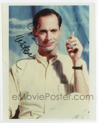 5t625 JOHN WATERS signed color 8x10 REPRO still '90s great seated smoking c/u of the cult director!