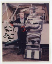 5t626 JONATHAN HARRIS signed color 8x10 REPRO still '90s as Dr. Smith w/ robot from Lost in Space!