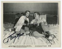 5t462 TERRY MOORE signed 8x10.25 still '51 sharing a soda w/O'Brien on the beach in Two of a Kind!