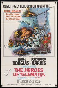 5t030 HEROES OF TELEMARK signed 1sh '66 by Kirk Douglas, who stops Nazis from making an atom bomb!