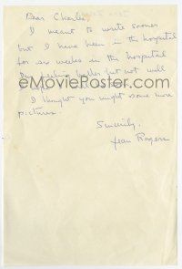 5t007 JEAN ROGERS signed 6x9 letter '80s the Flash Gordon star explaining how she was sick!