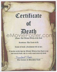 5t242 MEINHARDT RAABE signed 9x11 faux certificate of death '08 Munchkin Coroner of The Wizard of Oz