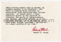 5t335 ROBERT BLOCH signed 4x6 card '70s with cool content about Psycho & his intent in writing it!