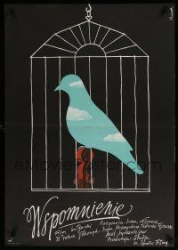 5y356 MEMORY Polish 23x33 '77 Spomen, cool Jerzy Flisak artwork of blue bird in cage!
