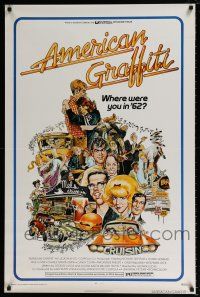 5z001 AMERICAN GRAFFITI 1sh '73 George Lucas teen classic, wacky Mort Drucker artwork of cast!