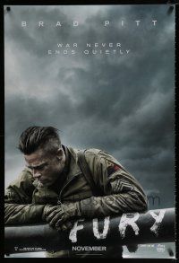 5z346 FURY teaser DS 1sh '14 great image of soldier Brad Pitt, war never ends quietly!