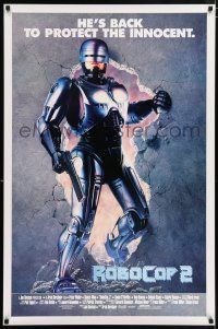 5z708 ROBOCOP 2 int'l 1sh '90 cyborg policeman Peter Weller busts through wall, sci-fi sequel!