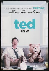 5z779 TED teaser DS 1sh '12 image of Mark Wahlberg & teddy bear drinking beer on couch!