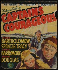 6b246 CAPTAINS COURAGEOUS WC '37 art of Spencer Tracy, Freddie Bartholomew & Lionel Barrymore