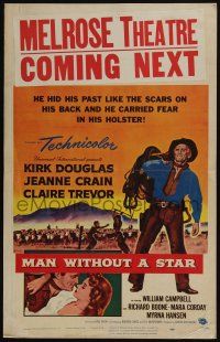 6b428 MAN WITHOUT A STAR WC '55 art of cowboy Kirk Douglas carrying saddle, Jeanne Crain