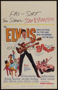 6b559 SPINOUT WC '66 Elvis playing a double-necked guitar, foot on the gas & no brakes on fun!