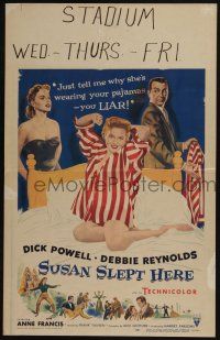 6b579 SUSAN SLEPT HERE WC '54 great artwork of sexy Debbie Reynolds kneeling on bed!