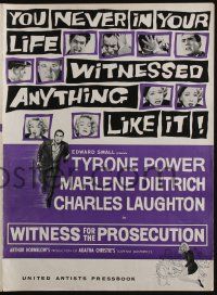 6b095 WITNESS FOR THE PROSECUTION pressbook '58 Wilder, Tyrone Power, Marlene Dietrich, Laughton