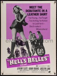 6c253 HELL'S BELLES 30x40 '69 sexy too young too tough biker babe in leather skirt!