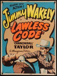 6c268 LAWLESS CODE 30x40 '49 great artwork of cowboy Jimmy Wakely punching bad guy! 