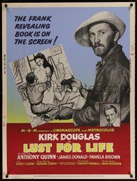 6c277 LUST FOR LIFE 30x40 '56 wonderful artwork of Kirk Douglas as artist Vincent Van Gogh!